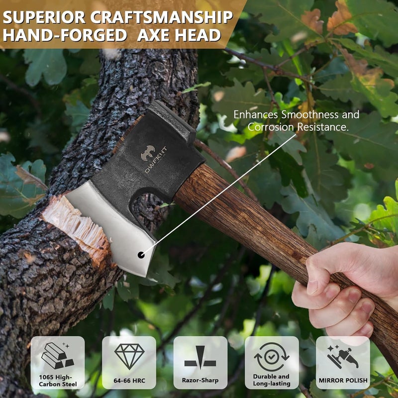 DWFKHT 14.4" Hatchet, Camping Axe, Survival Axe with Sheath, Bushcraft Hatchet with 1065 Carbon Steel and Beech Handle for Wood Chopping – Perfect for Outdoor Survival and Adventures - Image 4